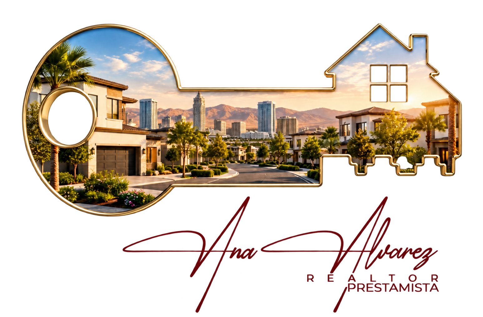 Llave de Ana Alvarez con paisaje de Las Vegas y su firma: Realtor y Prestamista